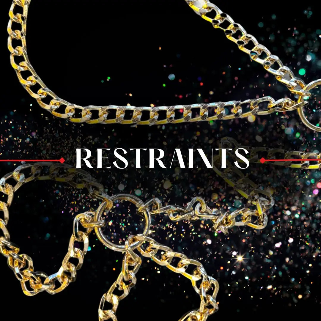 Gold chain links arranged to form the word ’RESTRAINTS’