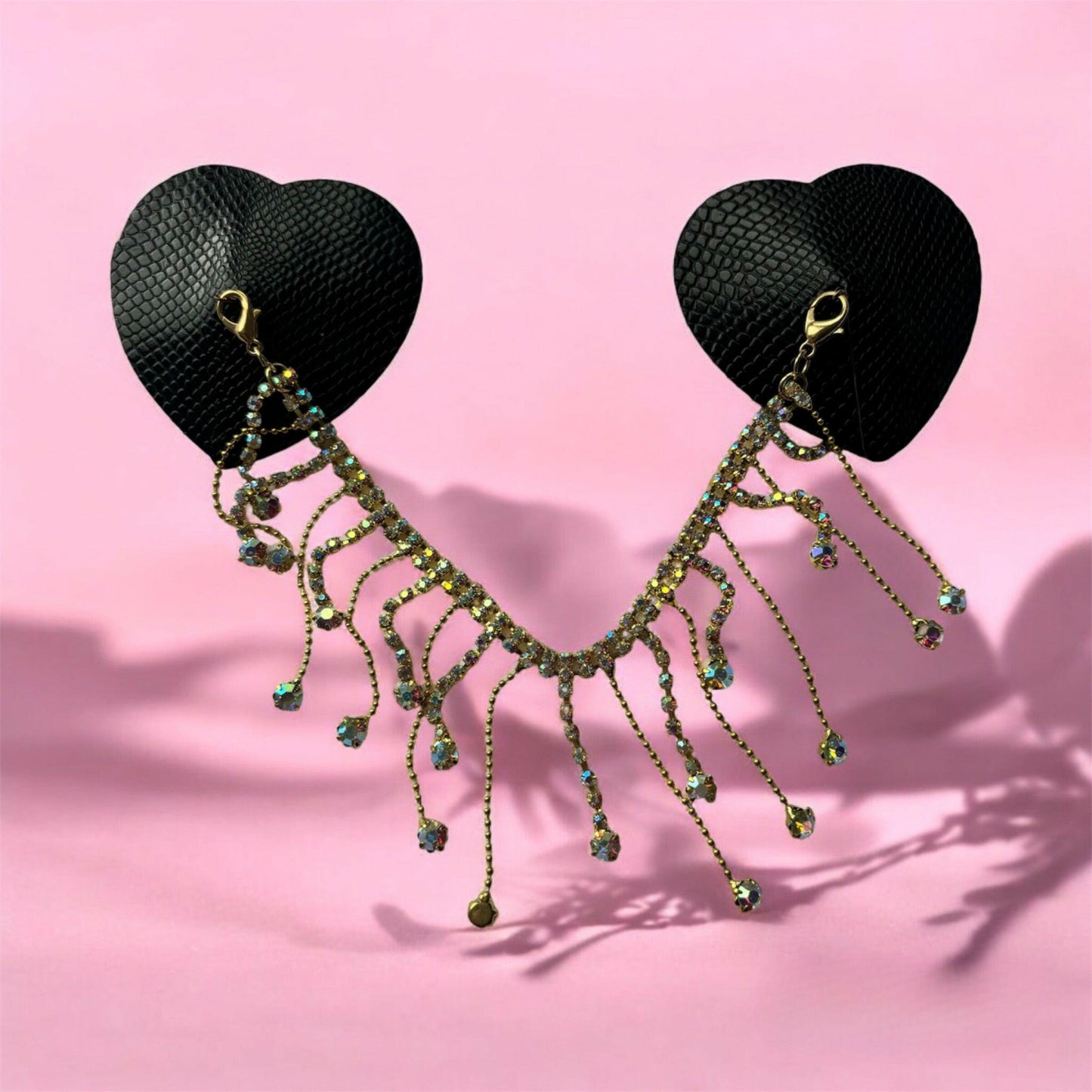 black heart diamante nipple tassels with chain nipple pasties for burlesque kinkwear