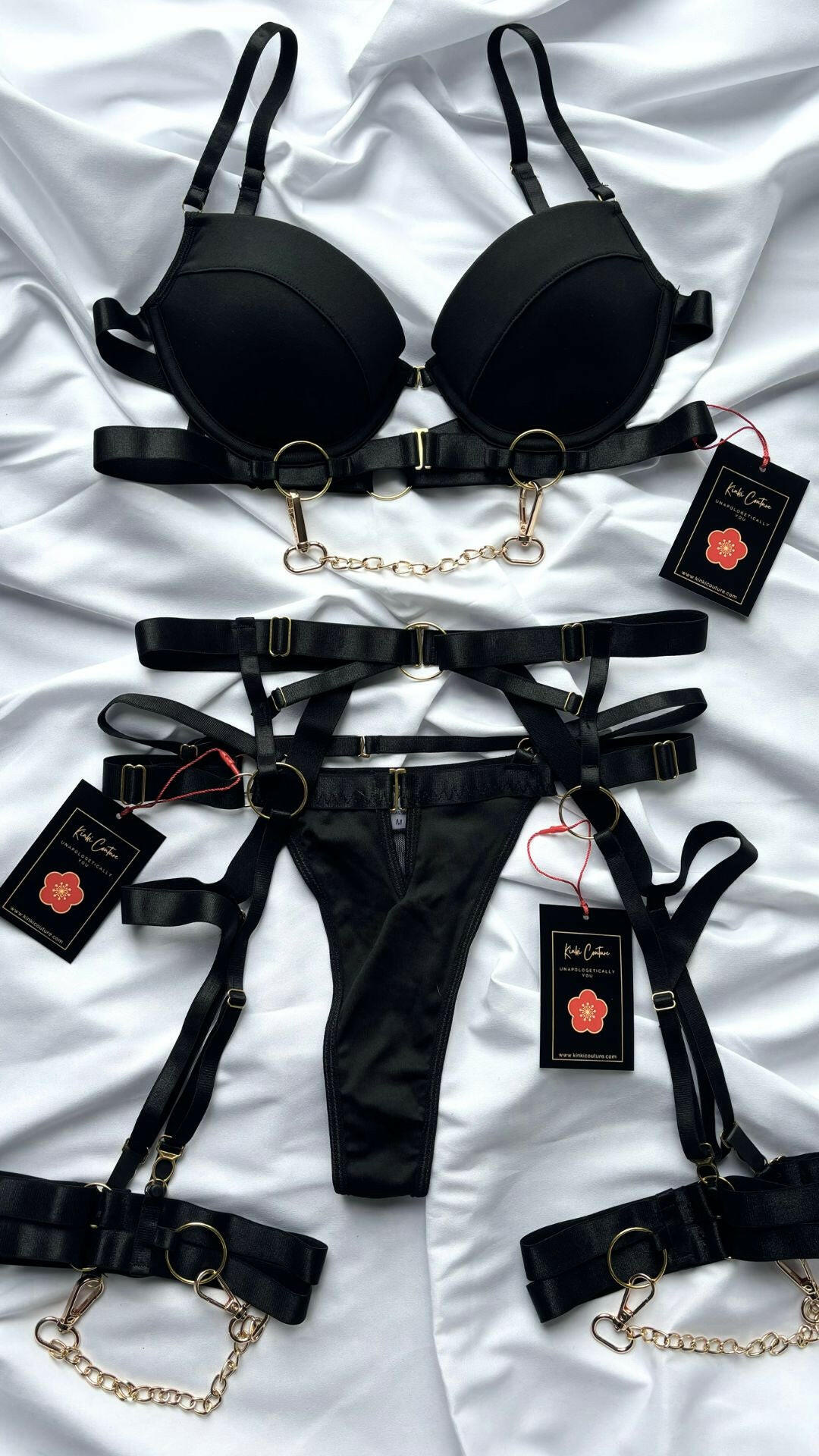 Dark feminine goddess Kali black strap harness lingerie with gold chains by Kinki couture 