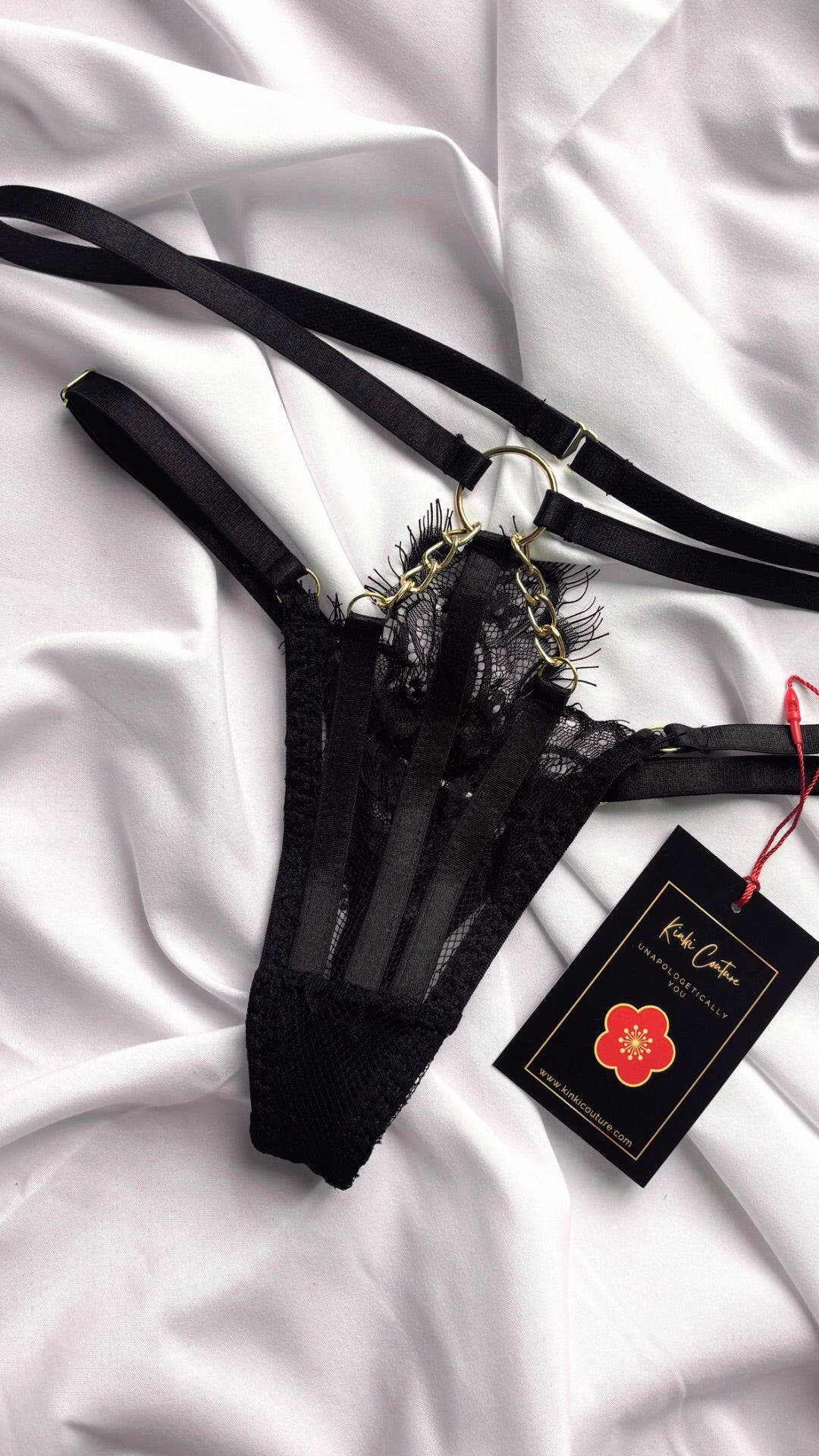 Kinki Couture Black lace and gold chain thong. Ignite your inner goddess. 